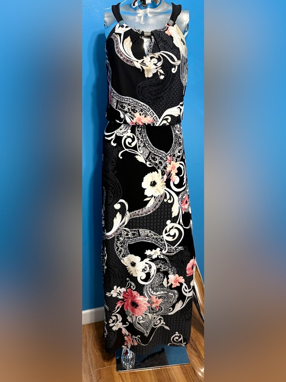 White House Black Market Black Maxi Dress with Ivory and Pink Floral Print